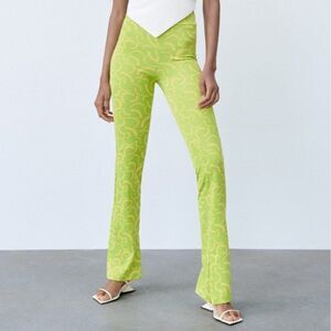 Zara Green and Yellow Flared Jacquard Pants Size Medium NWT Blogger Favorite